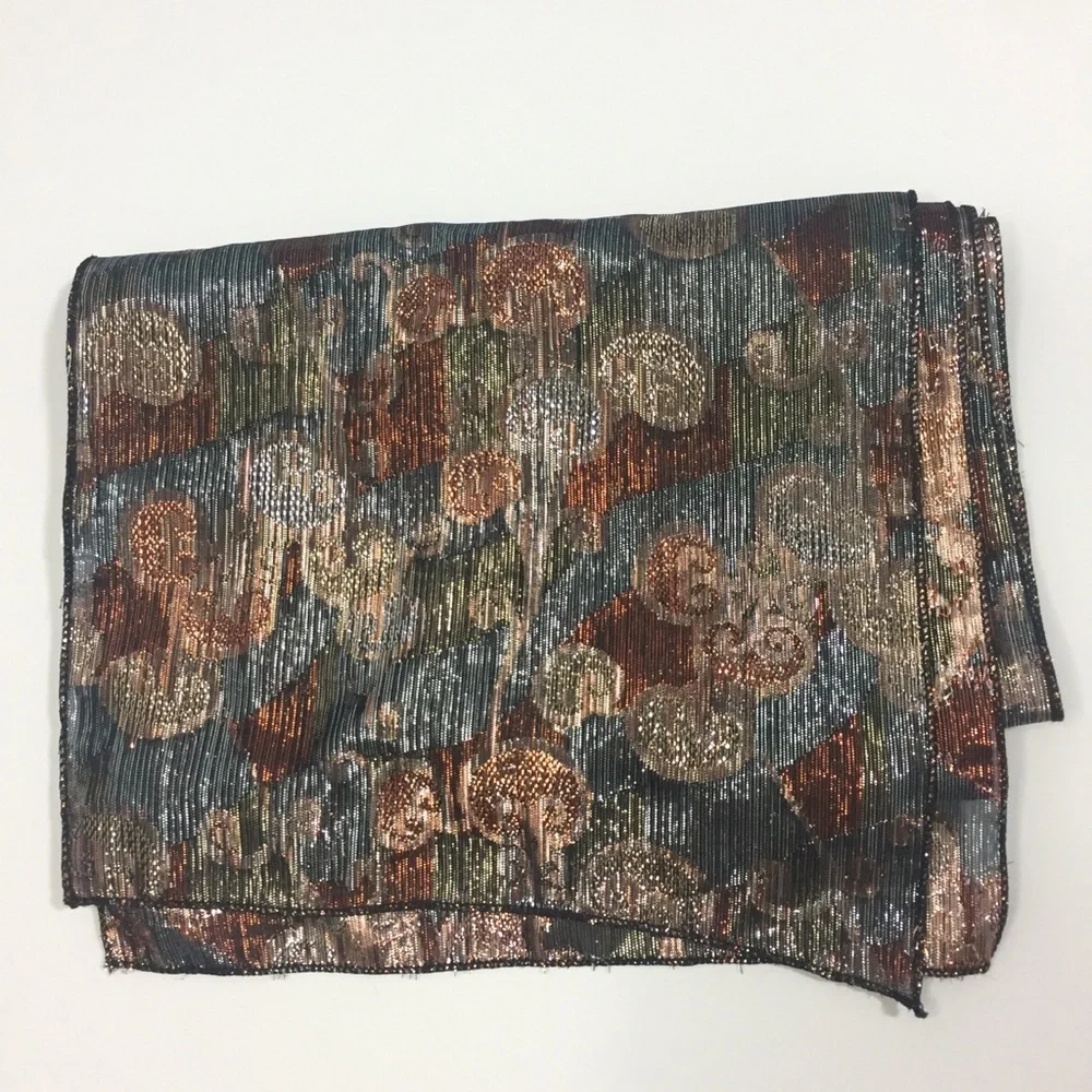 Vintage Scarf Metallic Silver Gold Copper Black Warm Fall Colors - Picture 8 of 13